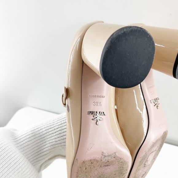 Prada Patent Leather Block Heel Square Toe Mary Jane Pumps Shoes Nude 38.5 - Picture 9 of 12